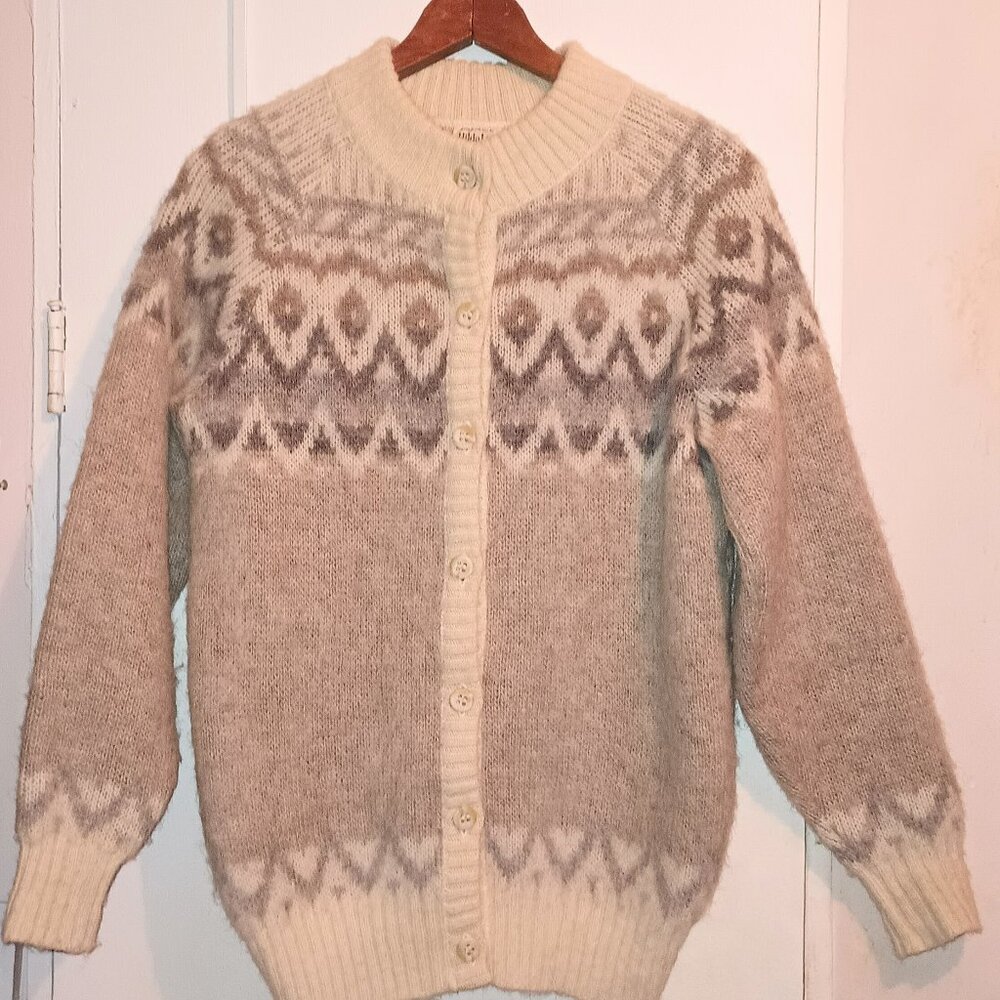 Vintage Hilda Ltd. Fair Isle Cardigan Sweater Wool Size M Brown/Gray/Cream